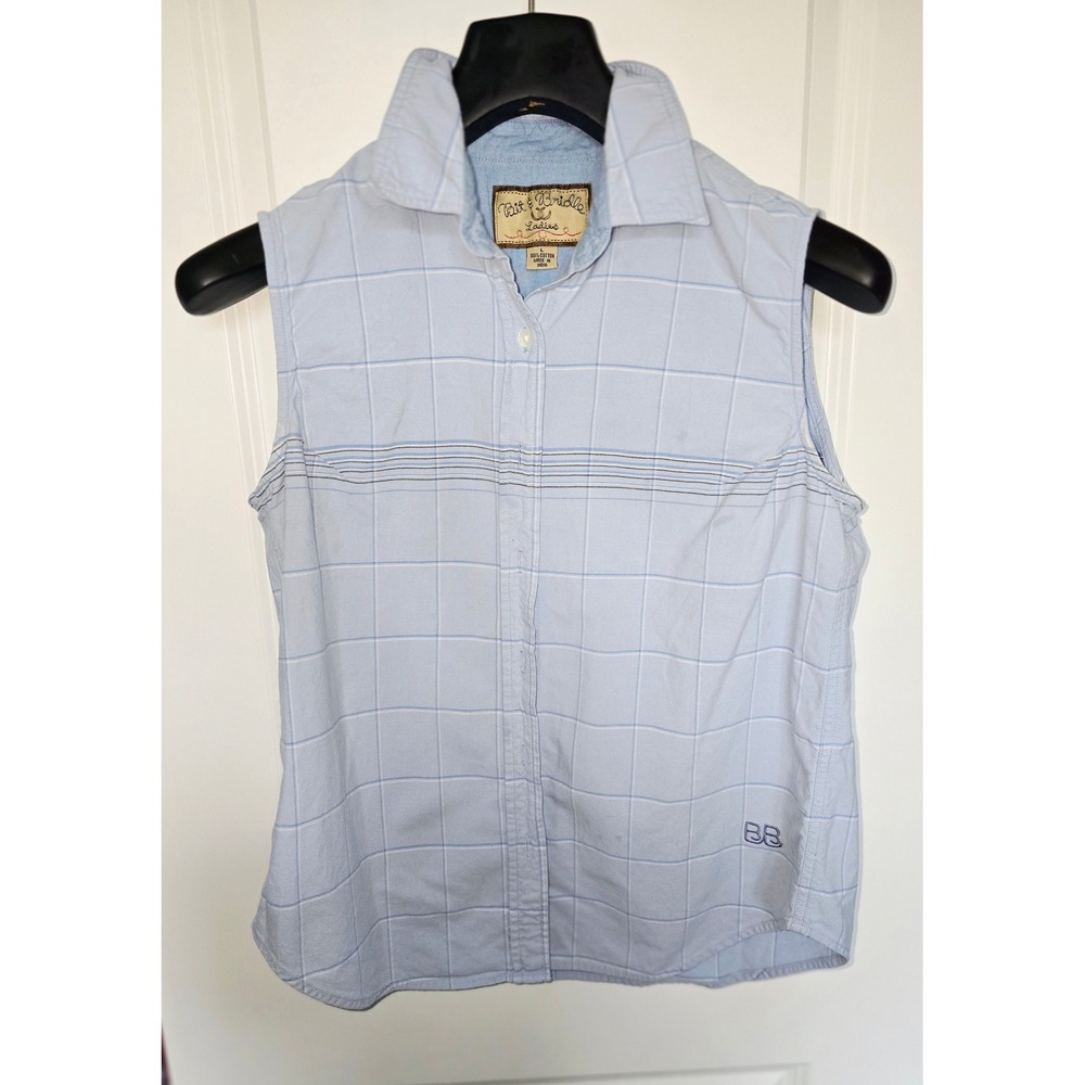 Bit & Bridle Ladies Blue Windowpane‎ Plaid Sleeveless Button Down Shirt Large